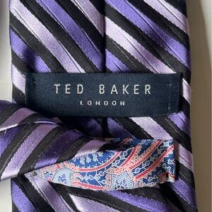 Ted Baker Purple/Lavender/Black Striped Silk Tie W/ Paisley Fabric Accent